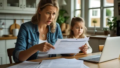 Dutch foster parent reviewing paperwork at kitchen table, showing confusion or concern, official forms, laptop, child in background, soft Dutch home lighting