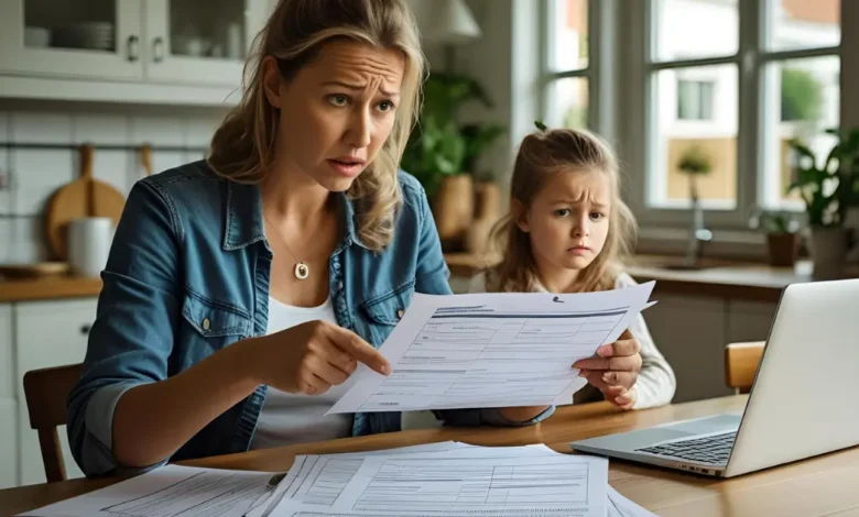 Dutch foster parent reviewing paperwork at kitchen table, showing confusion or concern, official forms, laptop, child in background, soft Dutch home lighting