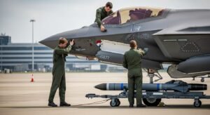Luchtmachttechnici in uniform zijn bezig met het laden van een oefenmunitie op een F-35, op een afgeschermd platform op luchthaven Schiphol.