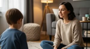 Een ouder die rustig nabijheid biedt aan een kind na een zware driftbui.